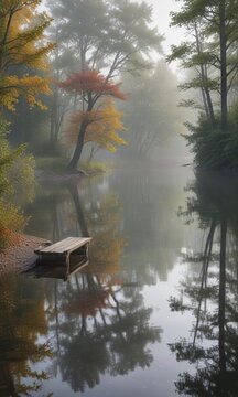 A solitary wooden bench sits at the edge of Pewaukee Lake on a misty gray day with the surrounding trees reflected in the waters, scenery, wisconsin, mist