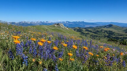 Fototapeta premium A wildflower-covered hillside with a view of distant mountains and a clear blue sky