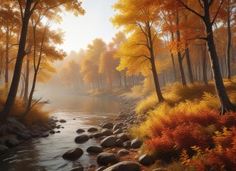 Dense forest of autumn trees swaying in the wind near the shore , autumn, forest, branches