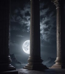 Naklejka premium Full moon shining on a majestic column in the night, moonlight, nighttime landscape, peaceful ambiance