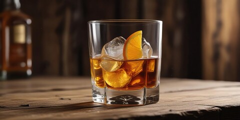 Low-angle shot of a whiskey glass filled to the brim with ice and a twist of orange, on a rustic wooden surface, full, depth, natural light