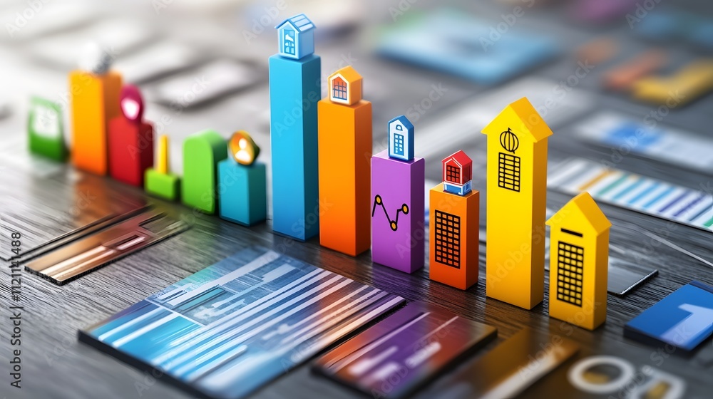 Aufkleber A bar graph representing income diversification with colorful icons of businesses and investments.