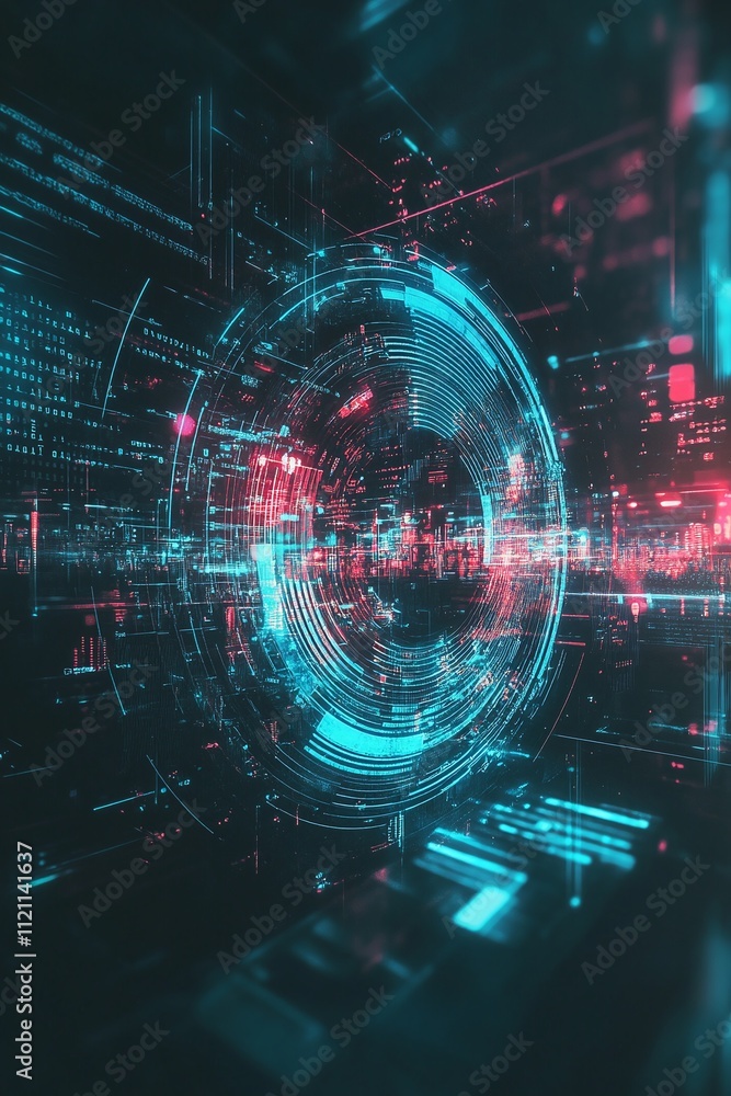 Poster abstract fintech icon layered over a holographic background of blockchain-inspired elements.