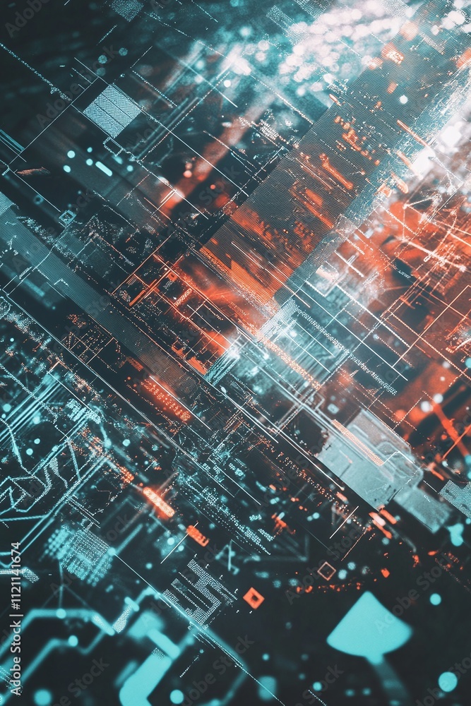 Poster abstract fintech icon layered over a holographic background of blockchain-inspired elements.