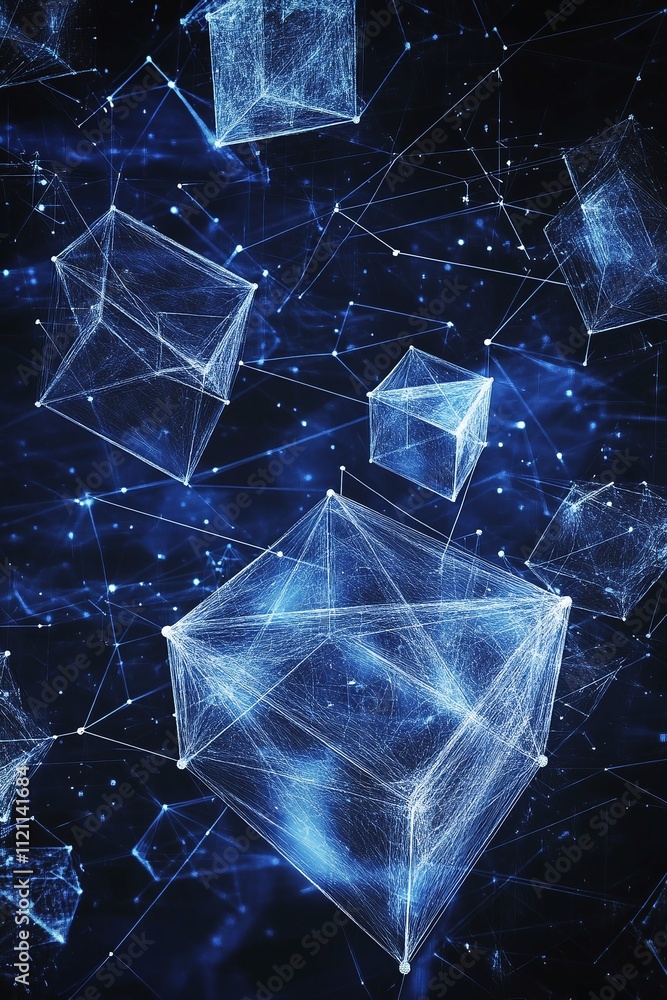 Poster abstract fintech icon layered over a holographic background of blockchain-inspired elements.