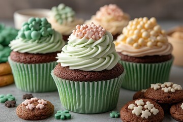 St. patrick's day dessert spread with colorful cupcakes and cookies for celebration and festive decor