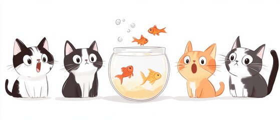 Adorable Kittens Amazed by Goldfish in Fishbowl Illustration