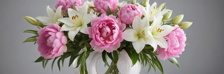 Obraz premium Elegant bouquet featuring pink peonies and white lily flowers in a heart-shaped vase , heart shaped vase, bouquet
