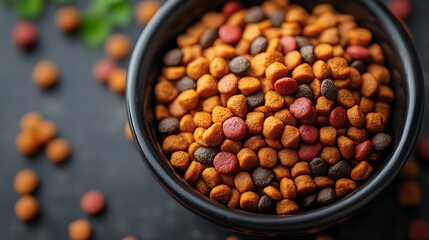 Bright and clean animation of pet food spilling into a dog bowl on white