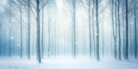 Naklejka premium Serene Winter Woodland Snow Falling Softly on a Misty Forest of Slender Trees