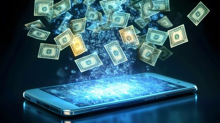 A symbolic photo of digital income with a holographic display of earnings over a smartphone.