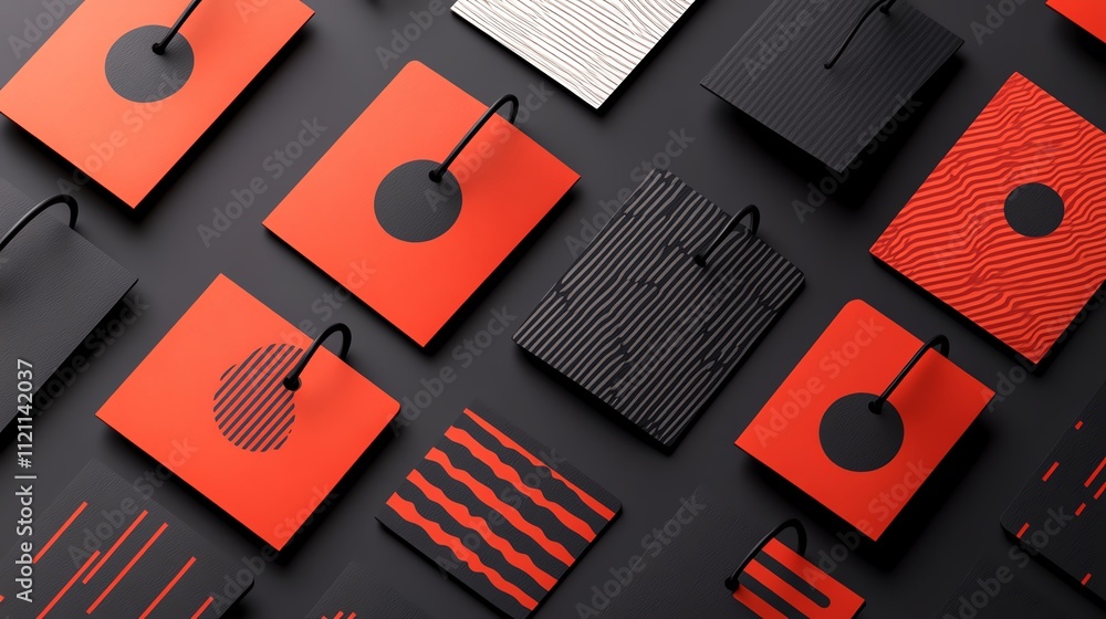 Aufkleber modern design patterns in red and black squares arranged artistically on a dark background.