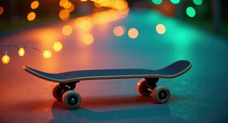 Skateboard (Summer Activities) – A close-up of a wooden skateboard with vibrant wheels, symbolizing action and freedom, set against a sunny summer background.