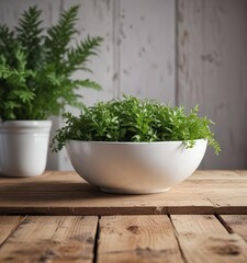 Fototapeta premium White Bowl and Greenery on Rustic Wooden Table, white bowl, organic feel