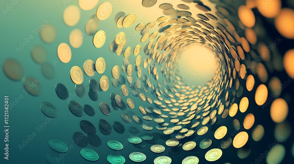 Poster Abstract silhouettes of coins cascading in a spiral pattern against a gradient background.