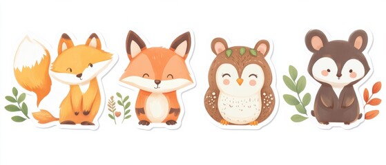 Adorable Woodland Animals: Fox, Owl, and Bear Illustration