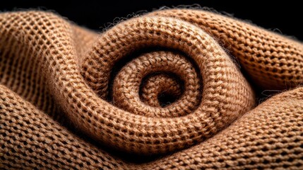 Fototapeta premium Close-up of a rolled brown knitted fabric on a dark background.