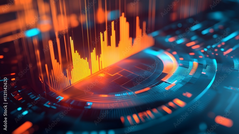 Poster a futuristic circular chart design with glowing segments expanding outward, symbolizing diversified 