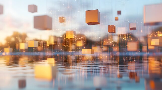 An abstract landscape of floating digital cubes, representing building blocks of financial success.