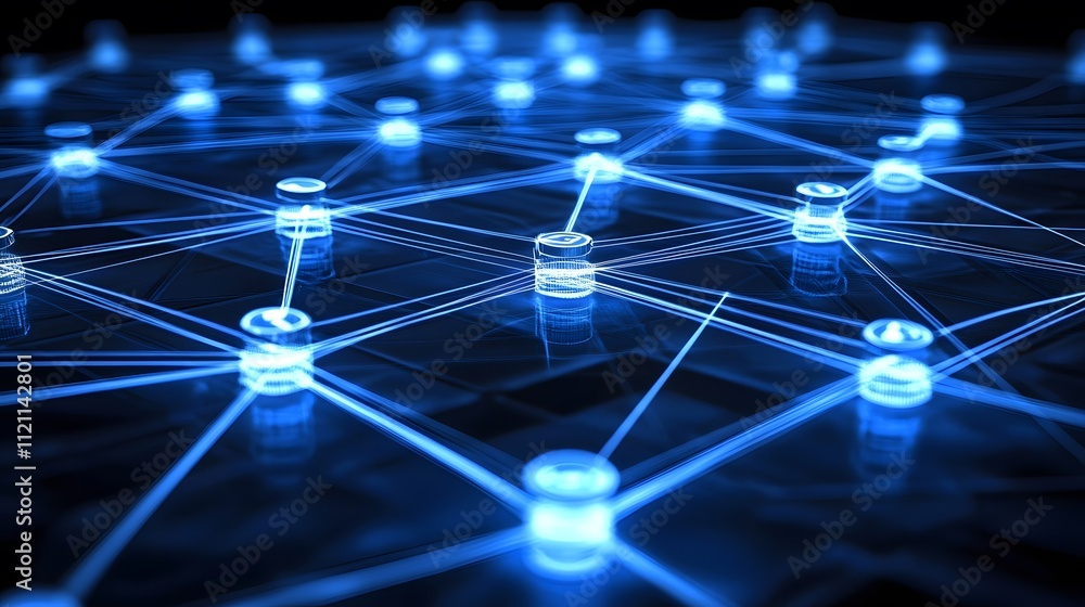 Poster a design of neon lines forming interconnected grids, representing digital income systems.
