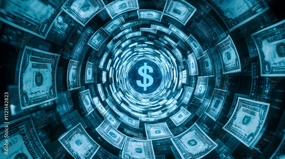 Poster Abstract concentric circles radiating outward with currency icons at the center, symbolizing financial expansion.