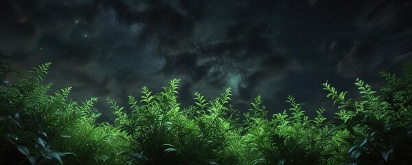 Dense foliage of glowing green plants stretching towards the sky under a starry night sky, peaceful ambiance, natural wonder