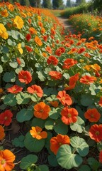Vines of nasturtiums tangled around a pumpkin patch on a sun-kissed autumn lawn , nasturtiums, sunny, warm glow