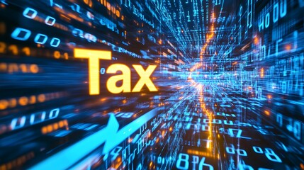 An abstract design featuring cascading numerical data in shades of blue and gold, with arrows pointing to a glowing "Tax" symbol.