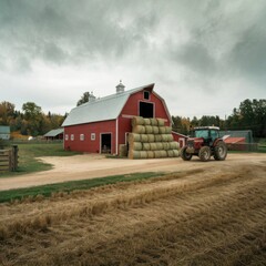Obraz premium Classic Red Barn with Stacked Hay Bales and Tractor on a Rustic Farm