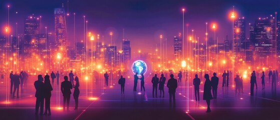 Obraz premium Global Network: Silhouetted People Connected in Illuminated Cityscape
