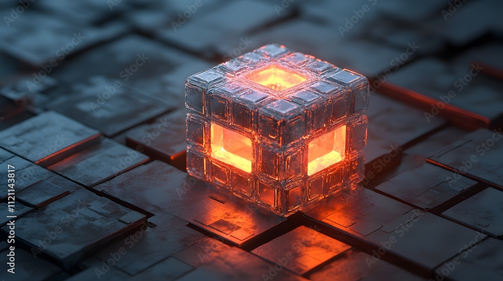 Poster A fragmented design of glowing tax symbols emerging from a metallic cube, symbolizing structured data.