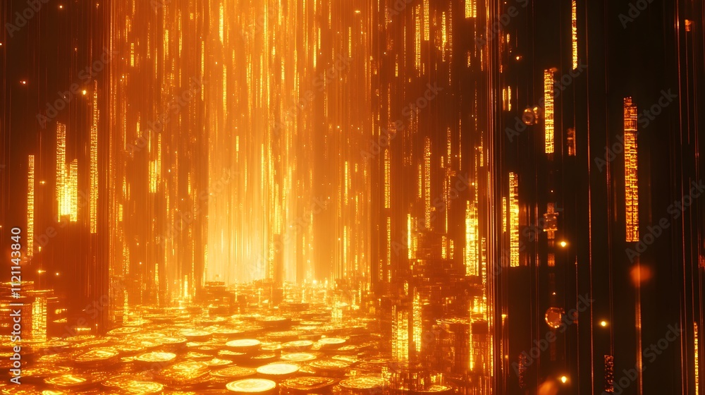 Poster An abstract waterfall of golden coins and tax documents flowing into a glowing grid.