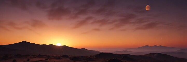 Obraz premium Early morning light dances across an aging full moon on the edge of a vibrant orange horizon, sunrise, horizon, orange
