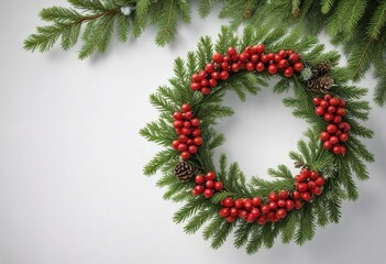 Evergreen Pine Wreath decoration with bright red berries and lush greenery on a snowy white background, festive holiday decor, snow covered