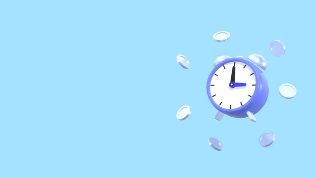 Time Is Money Concept Animation Video With Copy Space. Animated Clock With Shiny Coins Floating In The Air. Suitable For Finance, Business, Investment Or Productivity.
