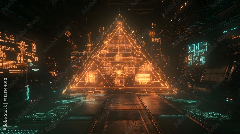 Poster a glowing triangular design, with interconnected nodes labeled deductions, credits, and liabilities.