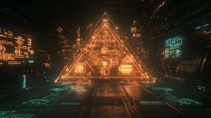 A glowing triangular design, with interconnected nodes labeled deductions, credits, and liabilities.