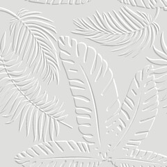 Textured tropical emboss palm fern leaves 3d seamless pattern. Relief modern embossed floral background. Vector white backdrop. Surface leaves, branches. 3d leafy ornaments with embossing effect.