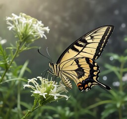 Swallowtail butterfly perched on anise with dew drops , dew, butterfly, foliage
