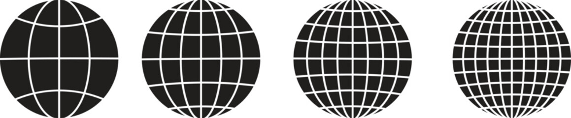 World glob icons set. World planet earth black flat line vector collection isolated on transparent background. Globes with world maps symbol. Silhouette of the Geographical globe with meridians web.
