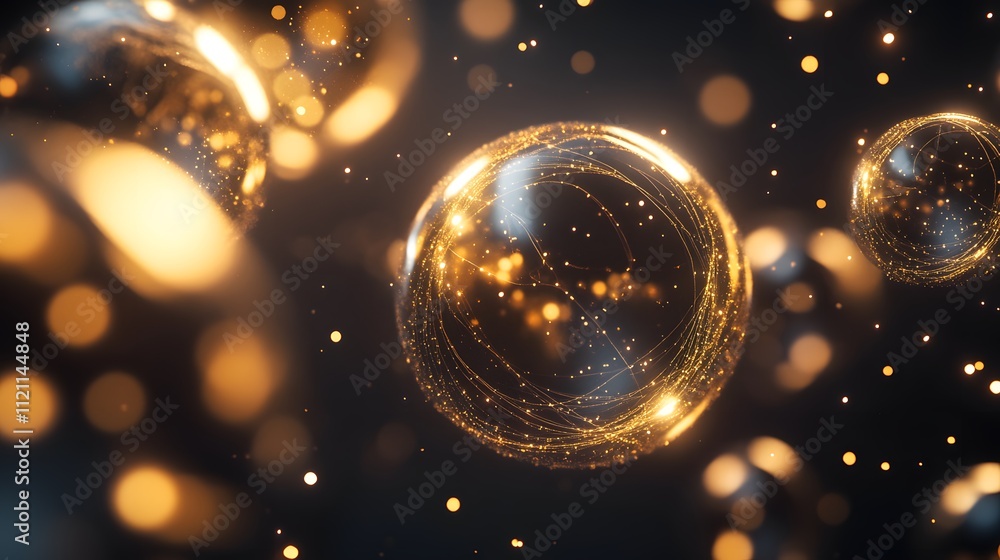 Poster floating golden spheres interconnected by shimmering lines, symbolizing prosperity networks.
