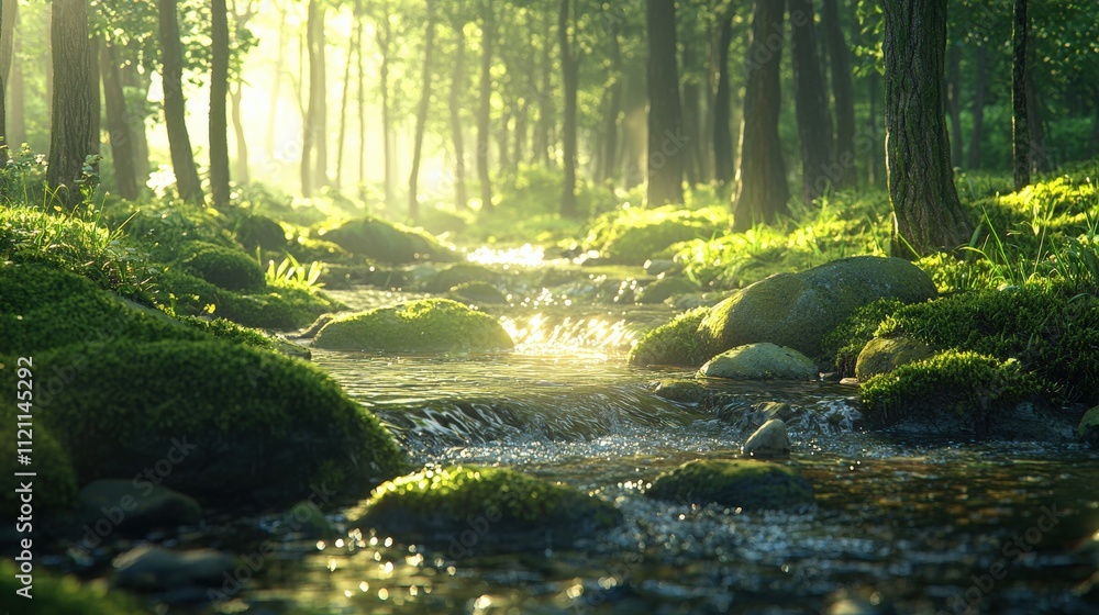 Poster a gentle stream flowing through a lush green forest, surrounded by moss-covered rocks and soft sunli