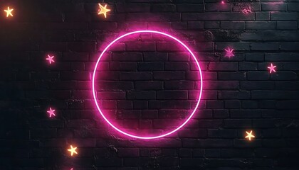 Dark pink neon glowing circle frame with scattered stars, yellow neon outline on black brick wall background,