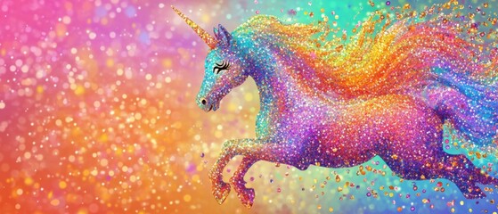 Obraz premium Magical Rainbow Glitter Unicorn Galloping Through Sparkling Bokeh Background