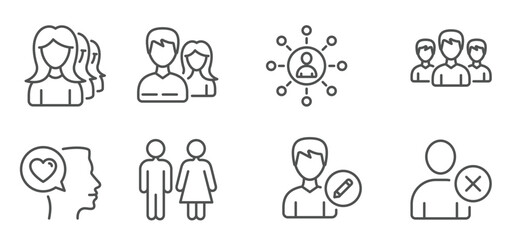 Set of Teamwork, Restroom and Group icons. Women headhunting, Delete user and Person signs. Networking, Romantic talk and Edit person symbols. Man with woman, Wc toilet, Group of people. Vector.