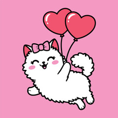 Cute Fluffy Cat Flying with Heart Balloons Illustration