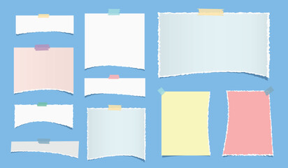 White, colorful ripped blank note, notebook paper strips for text or message stuck with sticky tape on violet background