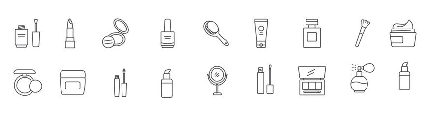 Perfumery and cosmetics line icons set with makeup mirror, lipstick, eyeshadow, hair brush, cream jar, mascara, powder, nail polish, foundation