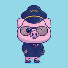 Simple cute pig pilot cartoon vector illustration Collection of animals concept icon isolated