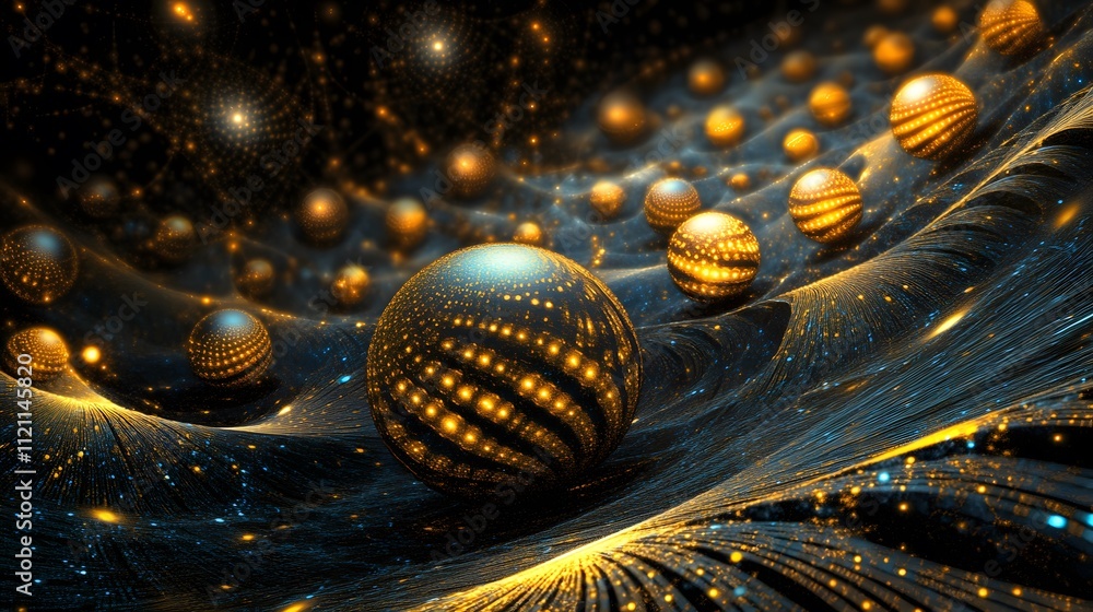 Poster abstract golden orbs floating in a sea of shimmering light particles.